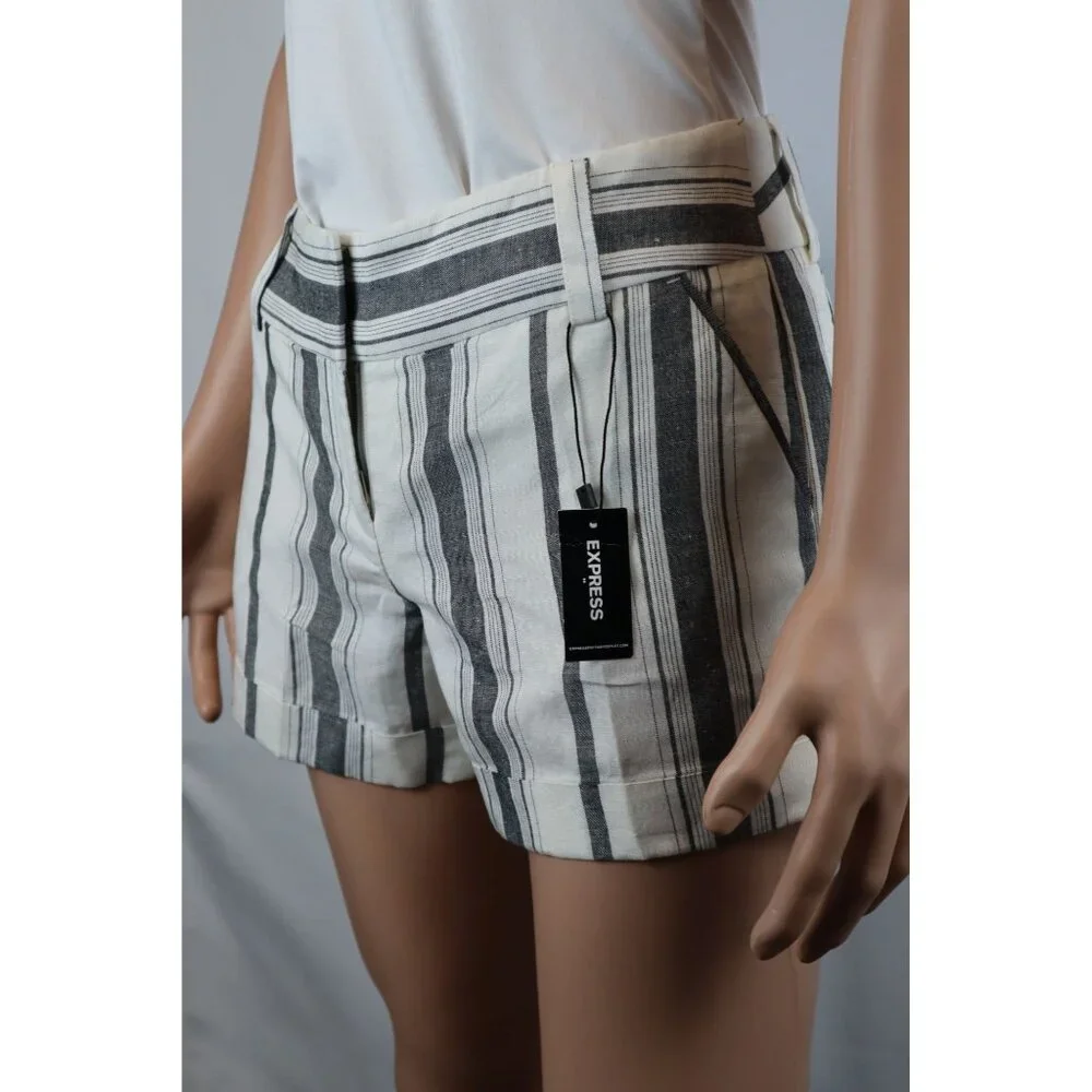 Express Women's Striped‎ Linen-Blend Shorts Size 6 White & Gray